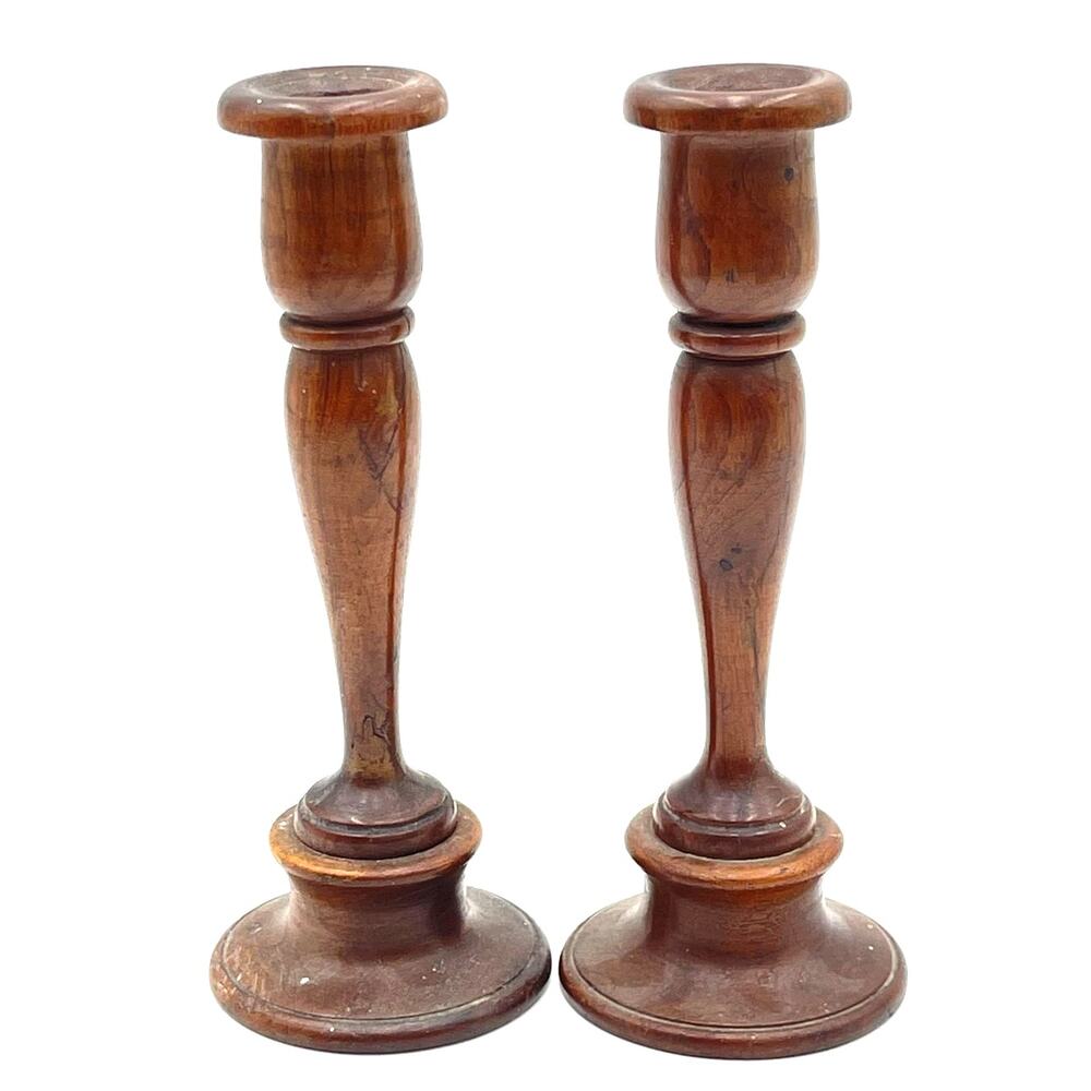 Hand Turned Wooden Wood Candlesticks Candle Holders Tapers Cottage Decor 9"